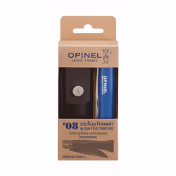 Opinel N°08, Couteau à joint coulissant, Camper/scout, Pointe centrale, Acier inoxydable, Bois, Bleu
