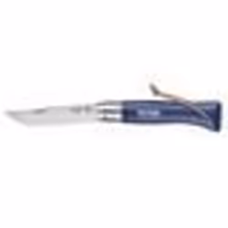 Couteau OPINEL n° 8 VRI, lame inox, manche charme lasuré bleu foncé 11 cm avec lacet cuir, virole tournante.