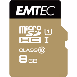 Emtec microSD Class10 Gold+ 8GB mémoire flash, 8 Go, MicroSDHC, Classe 10, 85 Mo/s, 16 Mo/s, Noir, Or