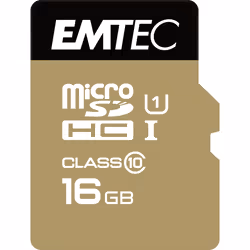 Emtec microSDHC 16GB Class10 Gold+ mémoire flash, 16 Go, MicroSDHC, Classe 10, 85 Mo/s, 21 Mo/s, Bleu, Or