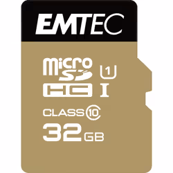 Emtec microSDHC 32GB Class10 Gold+ mémoire flash, 32 Go, MicroSDHC, Classe 10, 85 Mo/s, 21 Mo/s, Noir, Or
