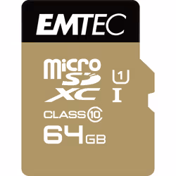 Emtec microSDXC 64GB Class10 Gold+ mémoire flash, 64 Go, MicroSDXC, Classe 10, 85 Mo/s, 21 Mo/s, Noir, Or