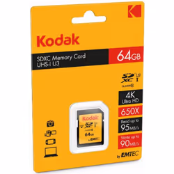 Kodak SDXC 64GB Class10 U3, 64 Go, SDXC, Classe 10, UHS-I, 95 Mo/s, 90 Mo/s