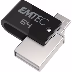 Emtec T260B, 64 Go, USB Type-A / Micro-USB, 2.0, 15 Mo/s, Housse, Noir, Acier inoxydable