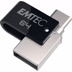 Emtec T260C, 64 Go, USB Type-A / USB Type-C, 3.2 Gen 1 (3.1 Gen 1), 180 Mo/s, Pivotant, Noir, Acier inoxydable