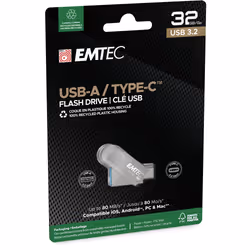 Emtec D280 Dual lecteur USB flash 32 Go USB Type-A / USB Type-C 3.2 Gen 1 (3.1 Gen 1) Argent