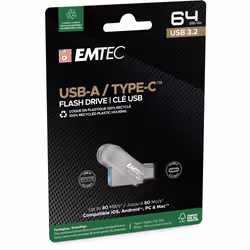 Emtec D280 Dual lecteur USB flash 64 Go USB Type-A / USB Type-C 3.2 Gen 1 (3.1 Gen 1) Argent