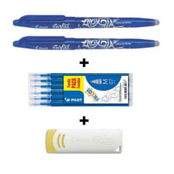 Lot de 2 stylos FriXion Ball pointe moyenne 0.7mm bleu Pilot + 6 recharges + gomme