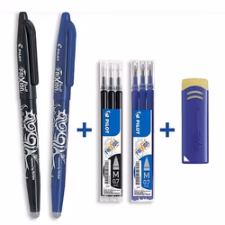 Lot de 2 stylos FriXion Ball pointe moyenne 0.7mm noir bleu Pilot + 2 étuis de 3 recharges + gomme