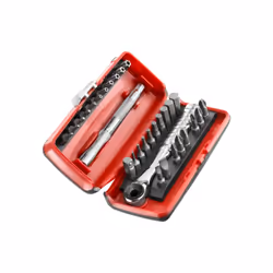 Description générale Ce coffret de vissage ultra-compact comprend un cliquet porte-embouts de 1/4'', une rallonge de 100 mm e ...