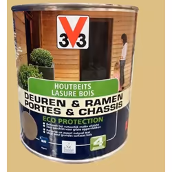 V33 Lasure Portes et chassis 4 ans Eco Protection est une lasure transparente d'aspect mat à 80% d'ingrédients naturels qui p ...
