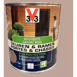 V33 Lasure Portes et chassis 4 ans Eco Protection est une lasure transparente d'aspect mat à 80% d'ingrédients naturels qui p ...