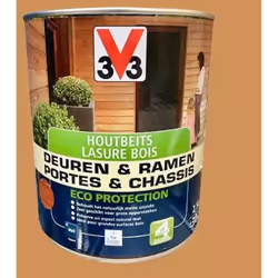 V33 Lasure Portes et chassis 4 ans Eco Protection est une lasure transparente d'aspect mat à 80% d'ingrédients naturels qui p ...