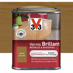 Le Vernis V33 Meubles et Boiseries Brillant protège vos bois bruts ou déjà vernis des taches et chocs du quotidien. Grâce à s ...