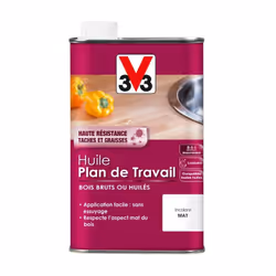Résumé : Huile Plan de Travail Incolore par V33. - Lessivable - Imperméable - Compatible toutes huiles - Préserve l'aspect na ...