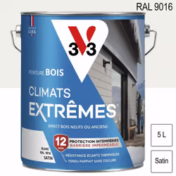 Description générale La Peinture Bois Climats Extrêmes® V33 est spécialement conçue pour résister aux conditions climatiques ...