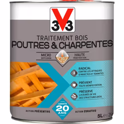 Le traitement Poutres et Charpentes V33 élimine insectes, termites et larves responsables de la dégradation du bois. Grâce à  ...