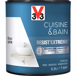 Cuisine & Bain Resist'Extrême® est une peinture satin très couvrante multi-supports à destination des pièces humides. Elle ga ...