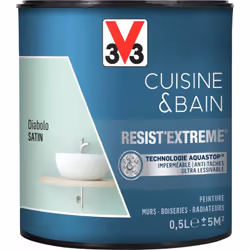 Cuisine & Bain Resist'Extrême® est une peinture satin très couvrante multi-supports à destination des pièces humides. Elle ga ...