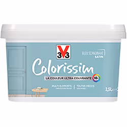 La Peinture Multi-supports V33 Colorissim Satin Bleu scandinave est une peinture d'intérieur acrylique ultra-couvrante, Facil ...