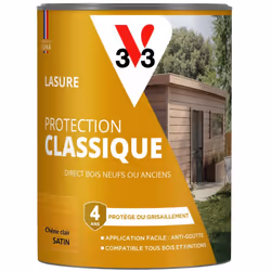 La LASURE PROTECTION CLASSIQUE V33 protège et décore facilement tous vos bois extérieurs, neufs ou anciens et sur tous types  ...
