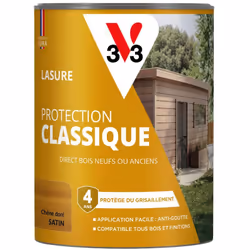 La LASURE PROTECTION CLASSIQUE V33 protège et décore facilement tous vos bois extérieurs, neufs ou anciens et sur tous types  ...