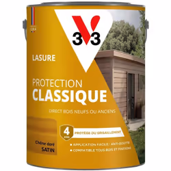 La LASURE PROTECTION CLASSIQUE V33 protège et décore facilement tous vos bois extérieurs, neufs ou anciens et sur tous types  ...