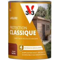 La LASURE PROTECTION CLASSIQUE V33 protège et décore facilement tous vos bois extérieurs, neufs ou anciens et sur tous types  ...