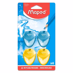 Lot de 4 Taille-Crayons Igloo -  Maped - 1 Trou avec Réservoir - Fourniture Scolaire Pour Enfants - 2 Bleus et 2 Jaunes