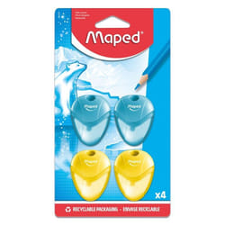 Lot de 4 Taille-Crayons Igloo -  Maped - 1 Trou avec Réservoir - Fourniture Scolaire Pour Enfants - 2 Bleus et 2 Jaunes