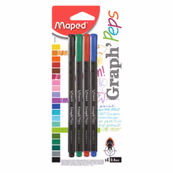 Maped Feutres Fin Graph Peps X4, Coloris Assortis, Noir, Bleu, Vert, Rouge, Plastique, Noir, Bleu, Vert, Rouge, 0,4 mm, Trian ...