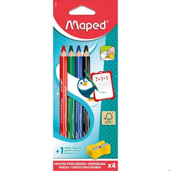 4 Crayons de Couleur pour Ardoise Blanche Effaçables à Sec Taille-Crayons - Maped - Mine Grasse Bois FSC - Bleu Noir Vert