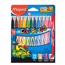 Maped Feutres ColorPeps Jungle X12, 12 couleurs, Noir, Bleu, Marron, Vert, Bleu clair, Vert clair, Magenta clair, Orange, Ros ...