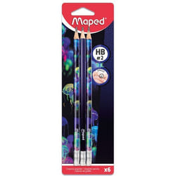 Maped - 6 Crayons Graphite HB2 DEEPSEA PARADISE - Embout Gomme - Crayons à Papier avec une Forme Triangulaire Ergonomique