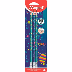 Maped - 6 Crayons Graphite HB2 PIXEL PARTY - Embout Gomme - Crayons à Papier avec une Forme Triangulaire Ergonomique