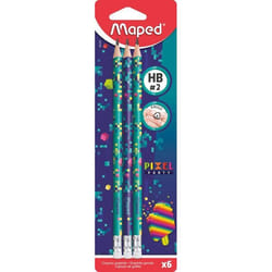 Maped - 6 Crayons Graphite HB2 PIXEL PARTY - Embout Gomme - Crayons à Papier avec une Forme Triangulaire Ergonomique