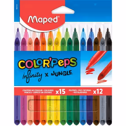 Pack 15 Crayons de couleur Infinity + 12 Feutres Lavables et Résistants au séchage - Maped - Pointe Feutres moyenne bloquée