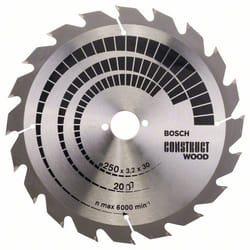 Lame de scie Bosch CONSTRUCT WOOD; 250x3,2x30,0 mm; Z20; 15°