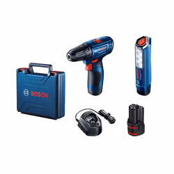 Perceuse Bosch GSR 120-Li; 12 V; 2x2,0 Ah accu. + Lampe de poche GLI 12V-300