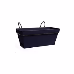 Jardinière avec soucoupe à clipser muni d'un support métallique pour l'accrocher à une fenêtre. La jardinière présente un fon ...