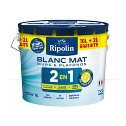 Peinture Murs et Plafonds 2 en 1 Blanc Mat Ripolin 10L + 2L gratuits