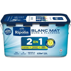 Peinture 2 en 1 murs et plafonds - Blanc mat - RIPOLIN - 25 L