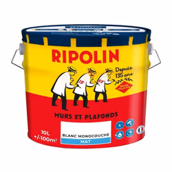 La peinture murs & plafonds Collector de Ripolin en finition mat blanc, proposée en conteneur de 10 litres, est l'alliée idéa ...
