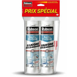 Mastic Bain & Cuisine Pure Silicone Anti-Moisissures Blanc, mastic sanitaire à base de silicone, mastic étanche renforcé en antifongique, lot de 2