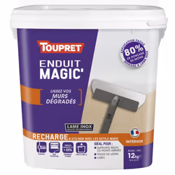 Description générale Recharge Enduit Magic Mur TOUPRET Pâte Allégée 12Kg, idéal pour lisser facilement les murs intérieurs à ...