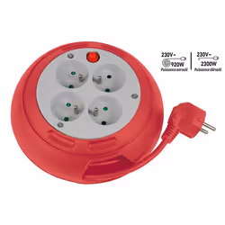 Enrouleur compact 4 prises avec interrupteur thermique - 3m - rouge