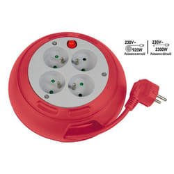 Enrouleur compact 4 prises avec interrupteur thermique - 3m - rouge