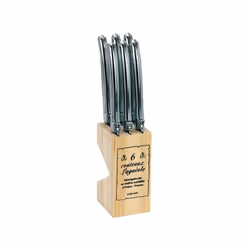 Bloc 6 couteaux à steak Inox Laguiole - Ce bloc est en bois naturel ajouré - Les 6 couteaux sont tout inox, épaisseur 1,2 mm ...