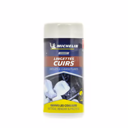 Boîte rigide et hermétique avec couvercle distributeur comprenant 40 lingettes textile imprégnées spécial cuirs. Formulation  ...