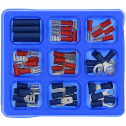 Boîte de 50 cosses assorties Composition : - 6x Cosses plates/femelles/isolées/bleu 6,35mm / section 1-2,5mm² - 6x Cosses pla ...